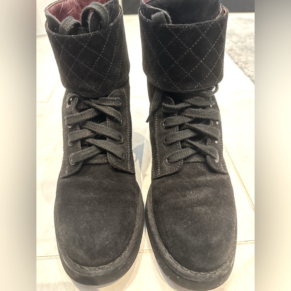 Chanel Quilted Black Suede lace up Combat Moto Short Boots